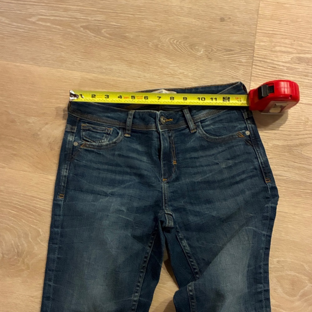 Zara Basic Z1975  Dark Blue Low Rise Denim Distressed Skinny Worn 1X Sz. 27 - Picture 5 of 8